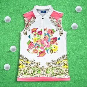 DAILY SPORTS Women White Sleeveless Golf Polo Colorful Florals & Rhinestones - S